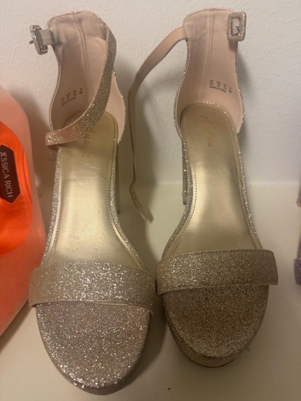 Jessica Glitter Ankle-Strap Heels in Gold